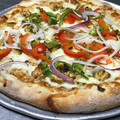Fairway Restaurant Jamaica-me-crazy pizza topped with jerk spiced chicken onions, peppers, scallion sand cheese
